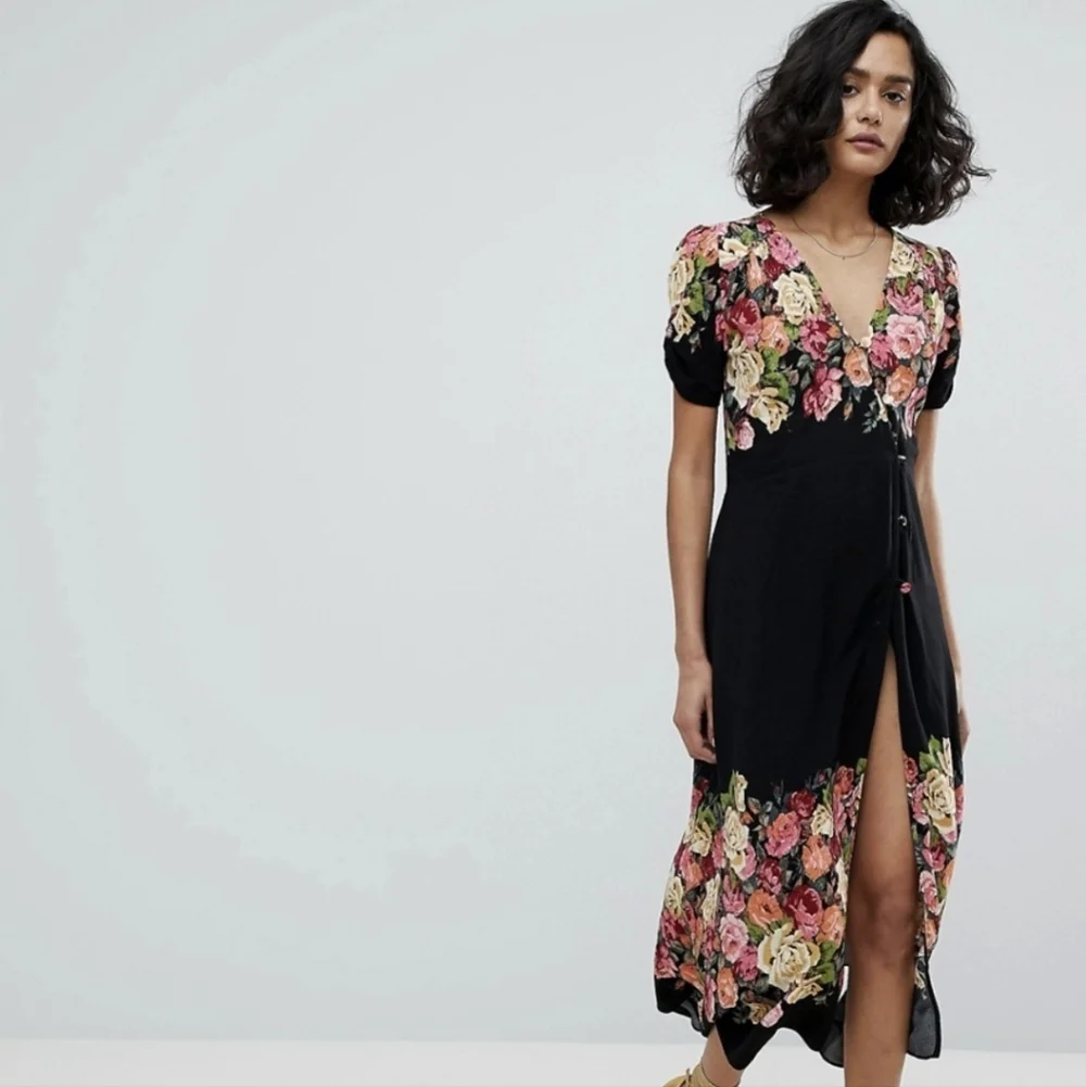 Free People Jamie Floral Midi Dress Black Women's XS